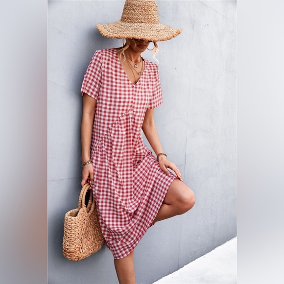 Plaid V-Neck Short Sleeve Dress - Picture 4 of 6